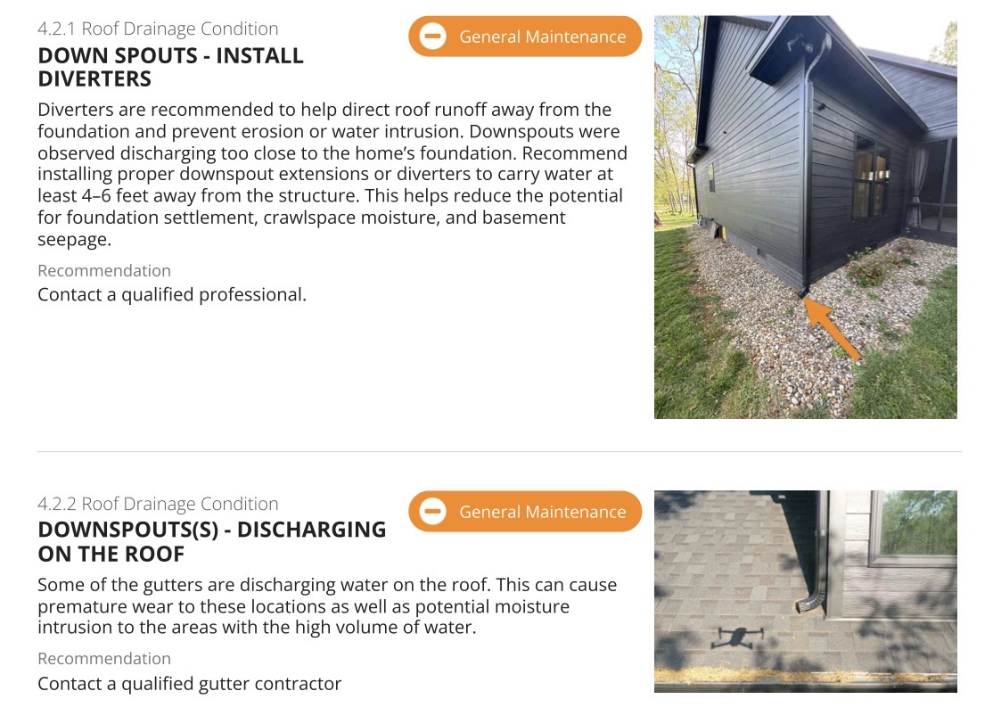 General maintenance findings for roof drainage, including a drone photo of a downspout discharging onto the roof