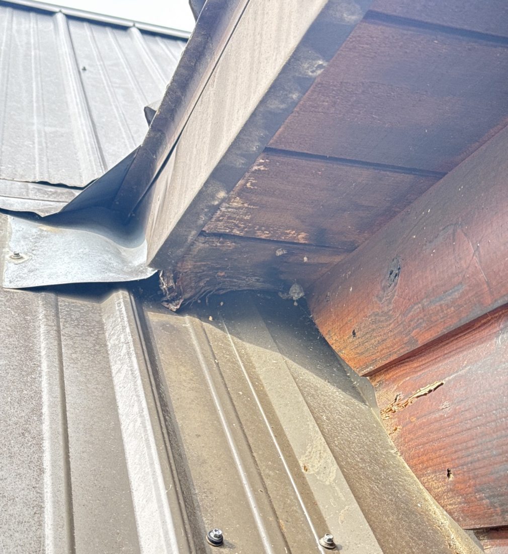 Flashing gap and decayed fascia trim where a metal roof meets the eave