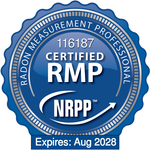 NRPP Certified Radon Measurement Professional badge, certification number 116187, expires August 2028