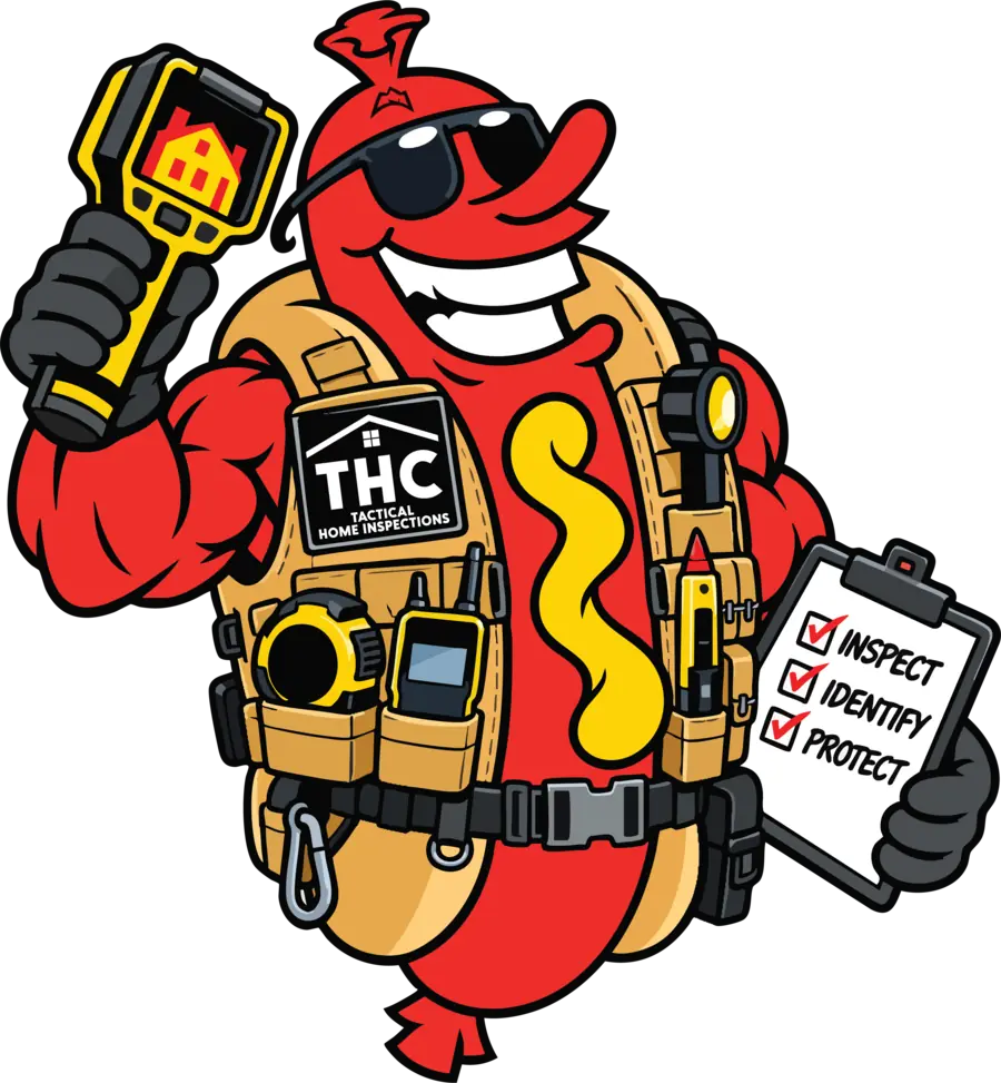 Tactical Hotdog Co mascot dressed as a home inspector, holding a thermal camera and a clipboard reading inspect, identify, protect